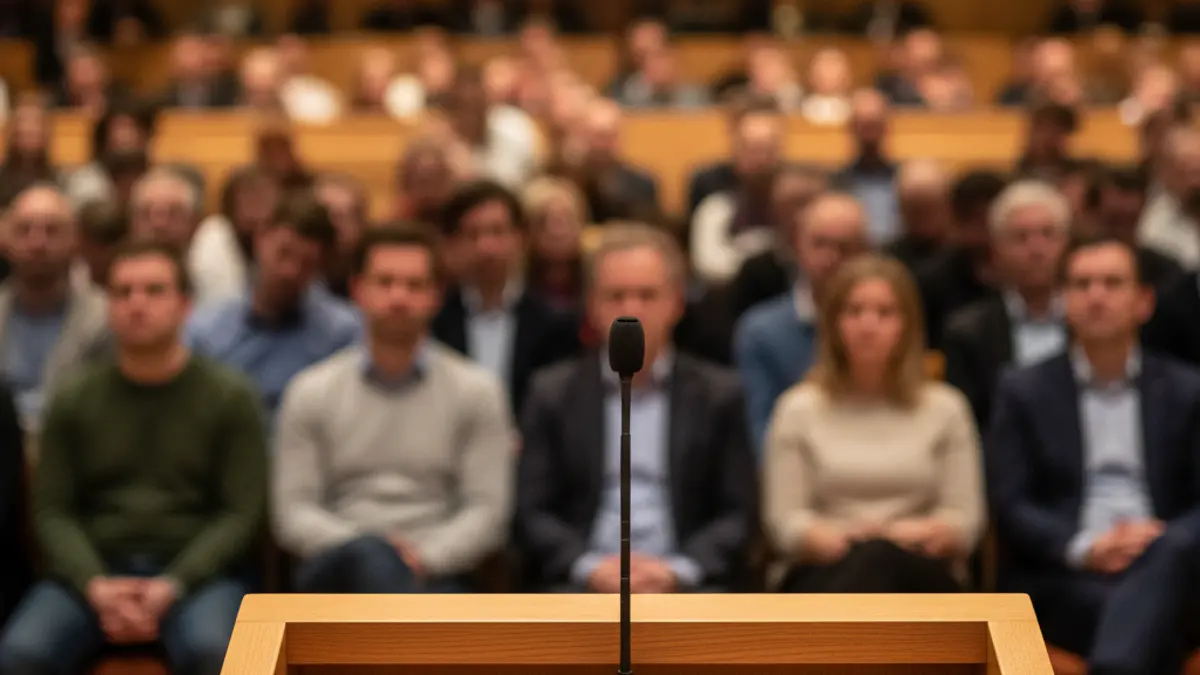 Generic image of a congress or conference with a microphone on a podium.