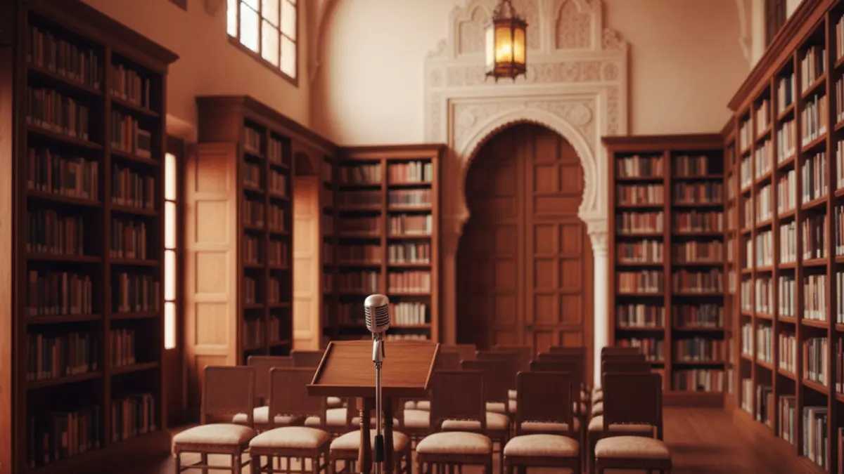 Generic image of a library or conference room interior with a microphone on a podium.