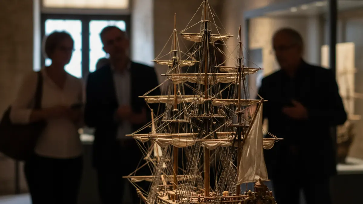 Image of a naval museum exhibit with a frigate model.