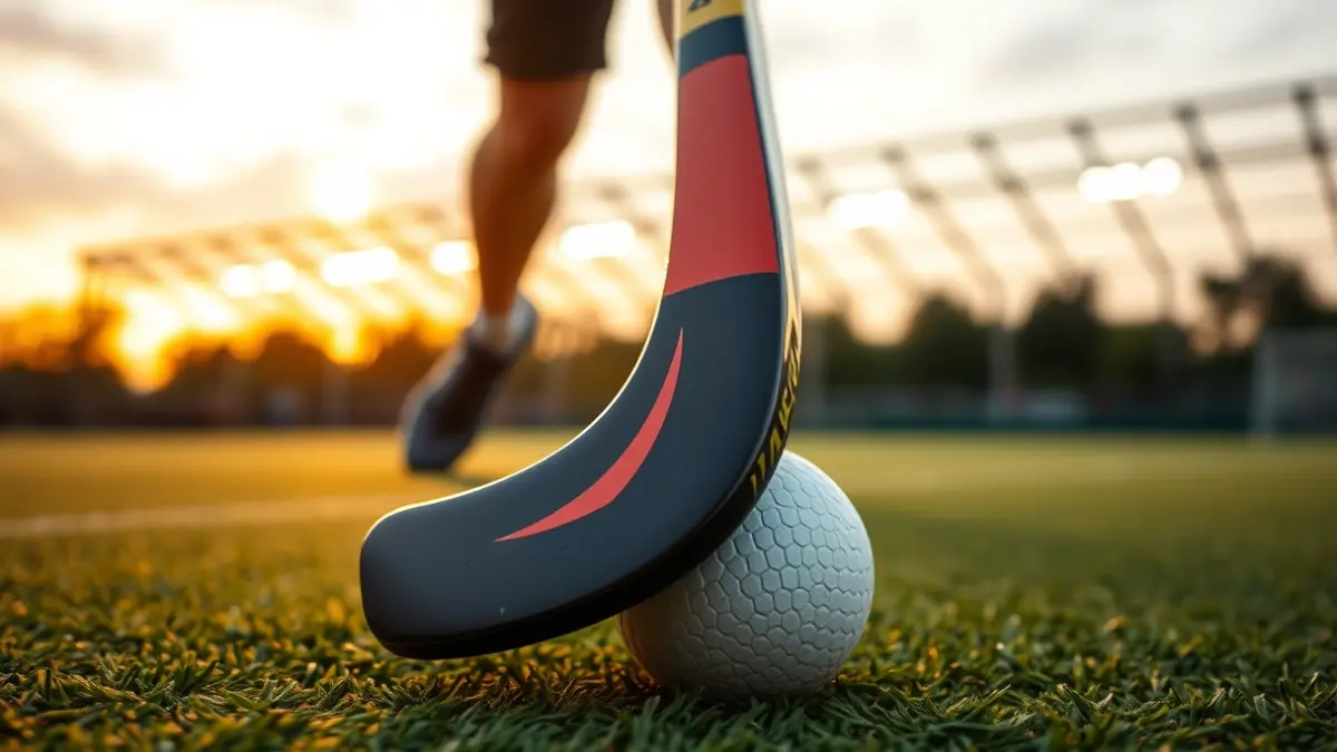 Generic image of a field hockey pitch with a stick and a ball.