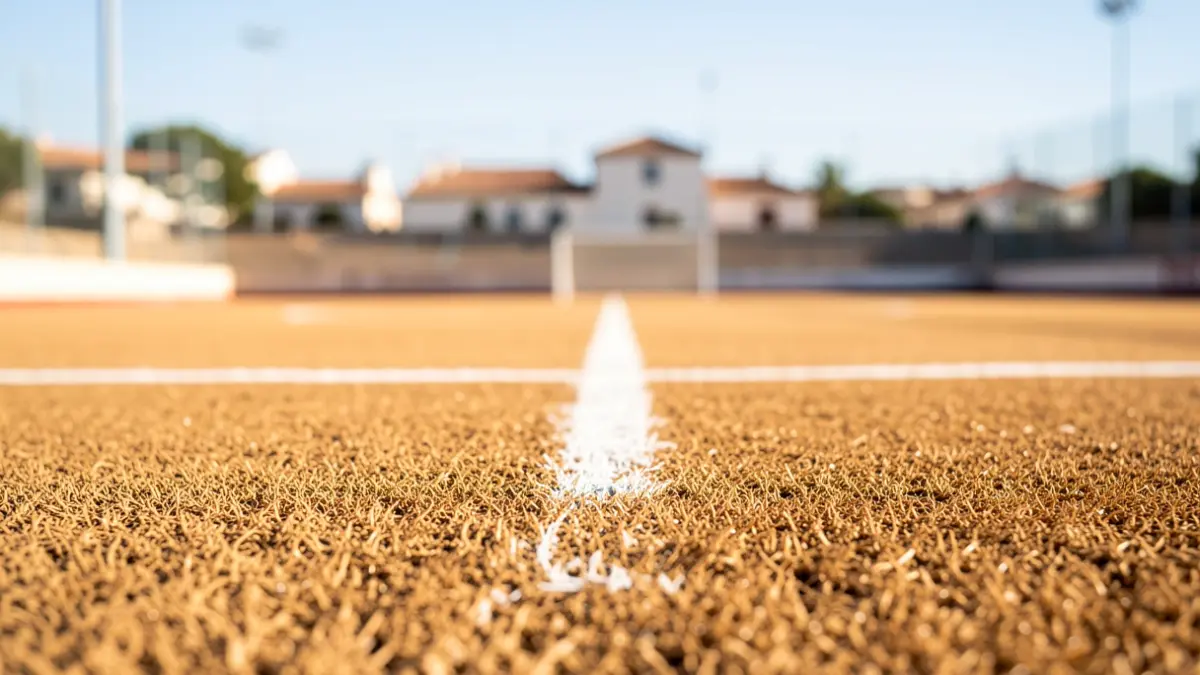 Close-up of the dry artificial turf of the Pablo Negre hockey field in San Fernando.