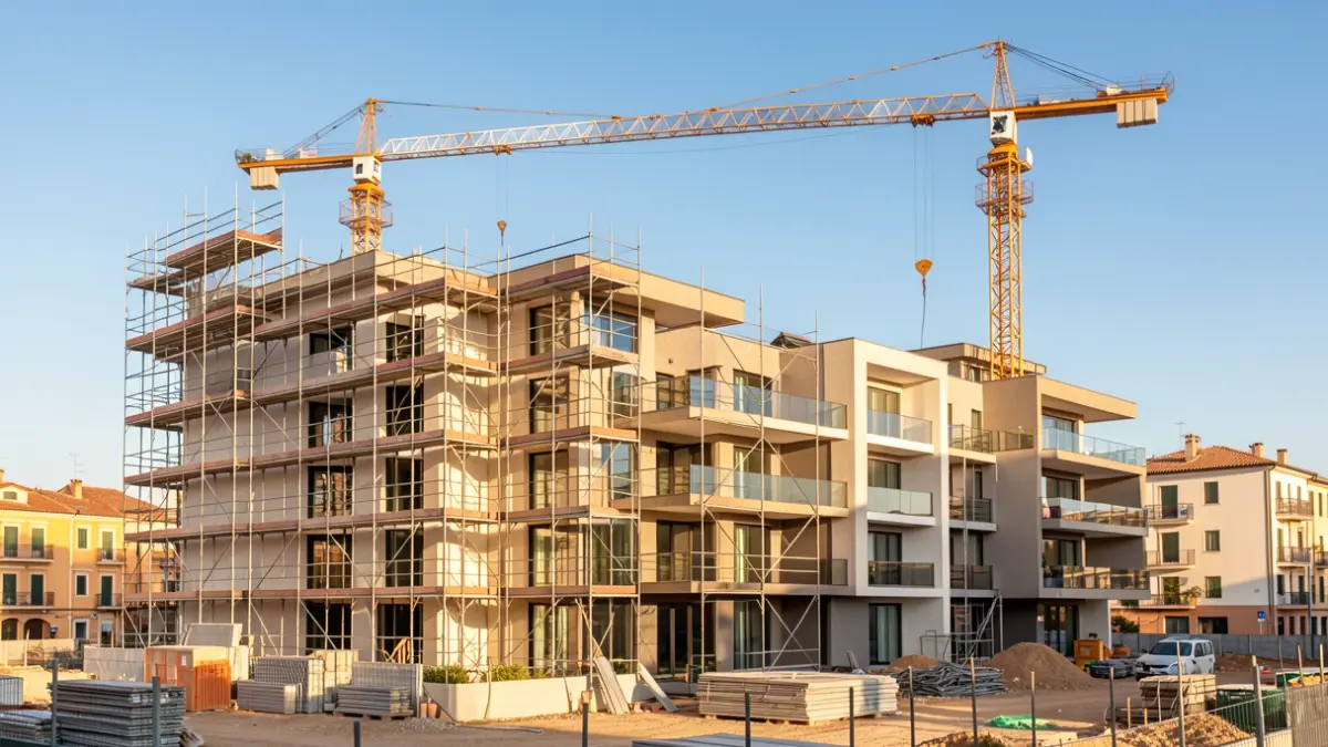 Imagen de una obra de construcción de viviendas en un entorno urbano mediterráneo.