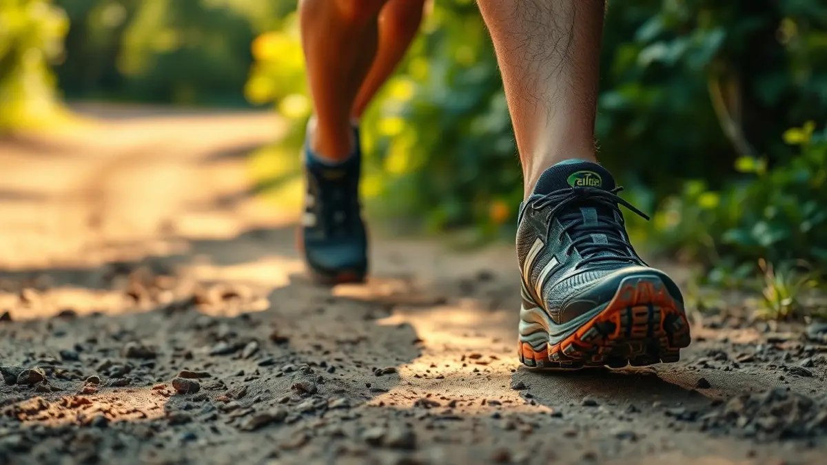 Imagen genérica de unas zapatillas de correr embarradas en una pista de tierra.
