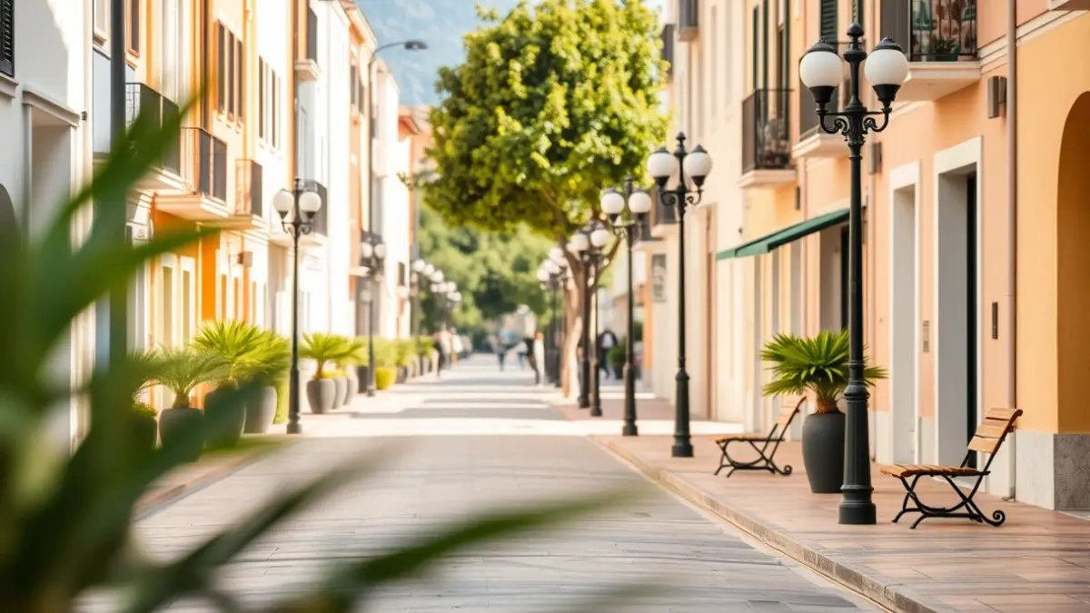 Image of a renovated street with new urban furniture and pavement.