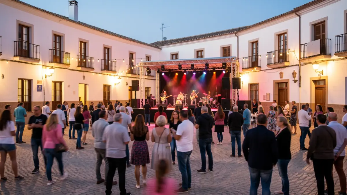 Generic image of an Andalusian square illuminated at night during a popular festival.