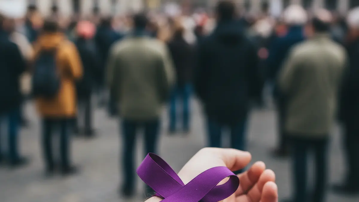 Generic image of a purple ribbon, symbol of lupus awareness, tied around a wrist.