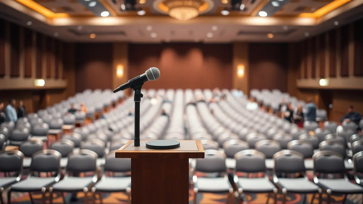 Generic image of a microphone on a podium at a cultural event.