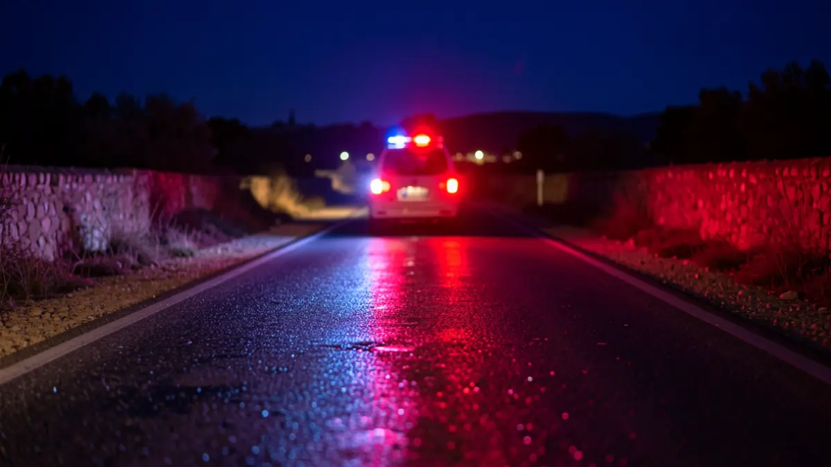 Imagen genérica de luces de emergencia reflejándose en asfalto mojado por la noche en una carretera andaluza.
