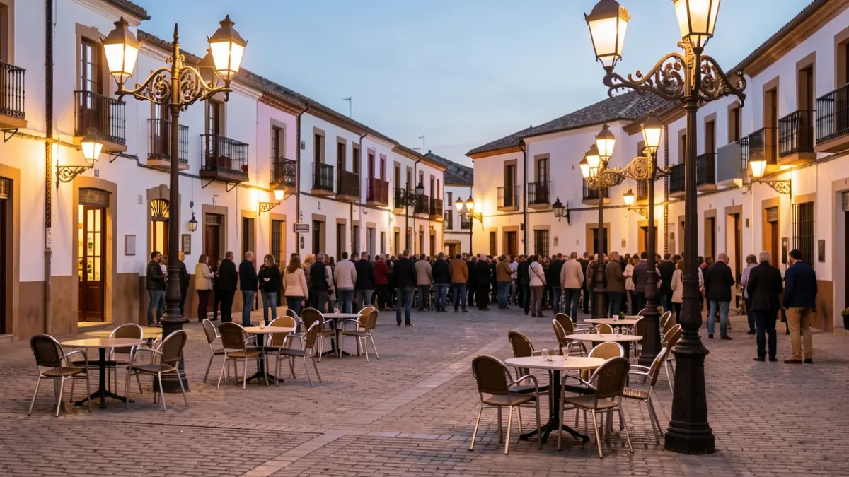 Plaza de pueblo andaluz al atardecer con farolas encendidas y sillas de café vacías.