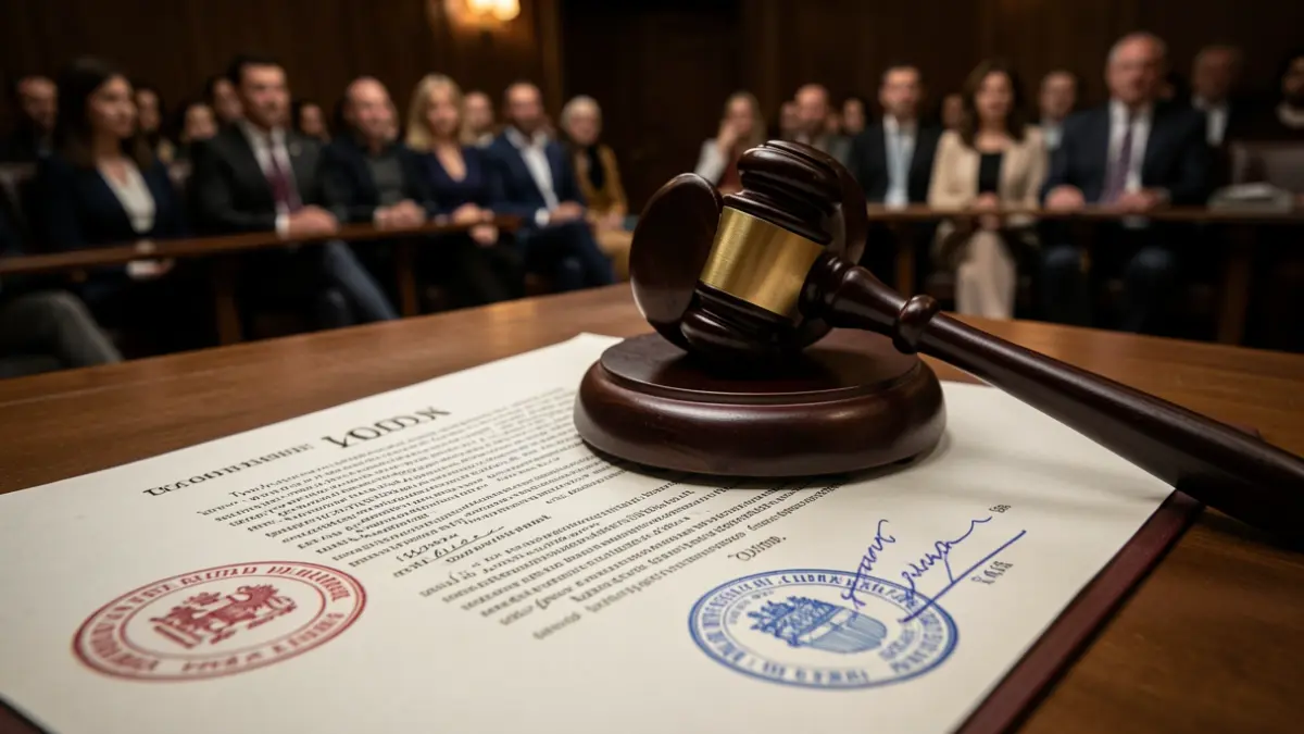 Imagen de un documento legal con un mazo de juez, simbolizando una sentencia judicial.
