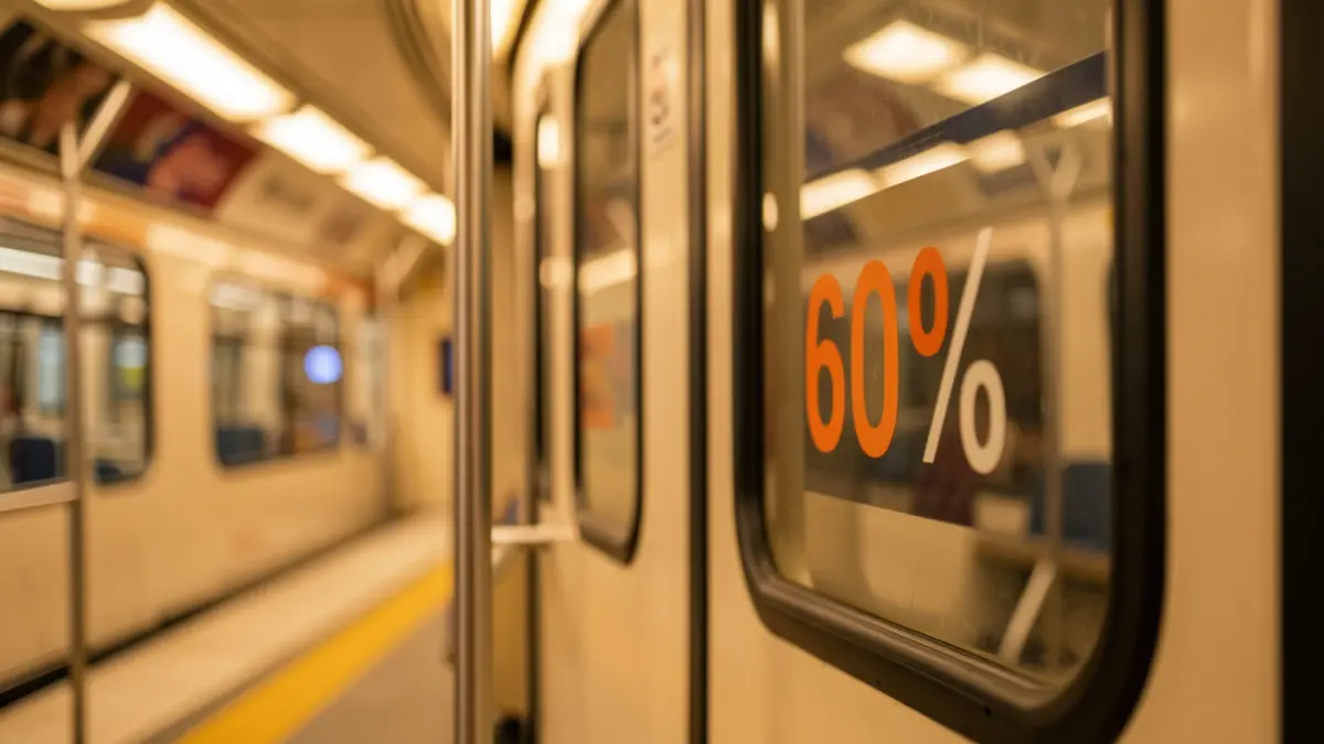 Generic image of a Granada Metro train with a sign indicating 60% minimum services.