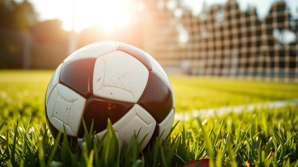 Imagen genérica de un balón de fútbol en el césped de un campo, con la portería desenfocada al fondo.