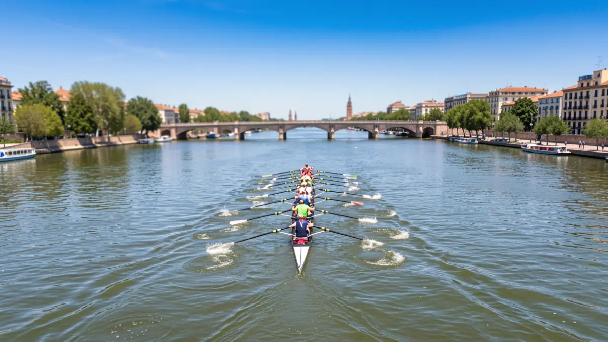 Aerial view of rowing boats competing on the Guadalquivir River in Sevilla during the World Cup.