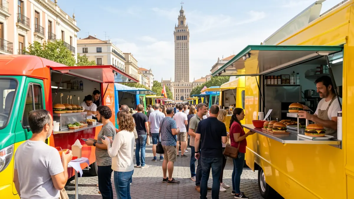 Gourmet burger festival in Sevilla with food trucks and Torre Sevilla.