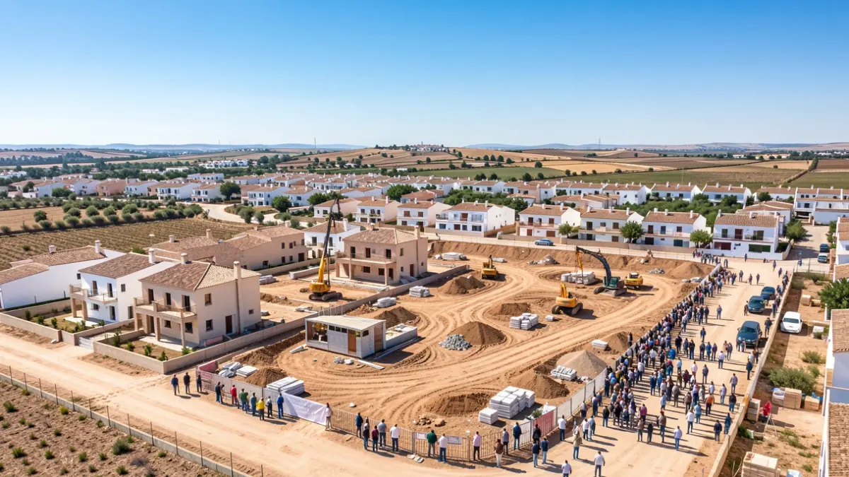 Vista aérea de una obra residencial en un pueblo andaluz con casas en construcción.