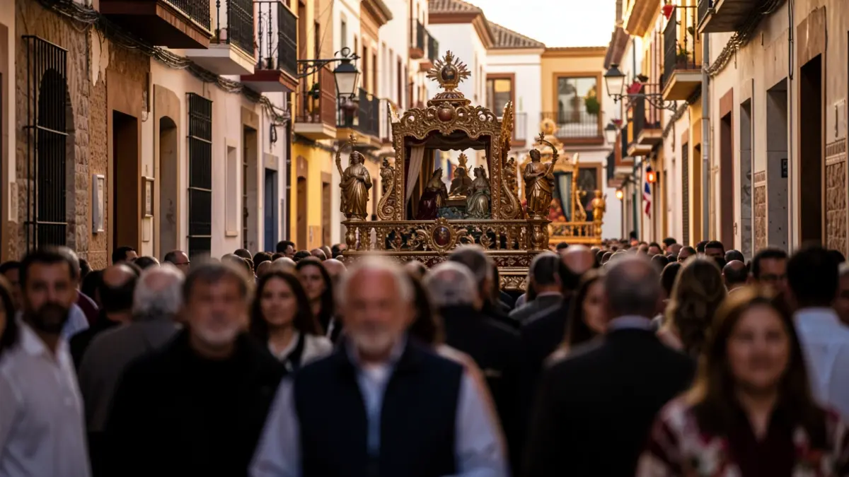 Procesión religiosa en una calle de Sevilla con pasos y devotos.