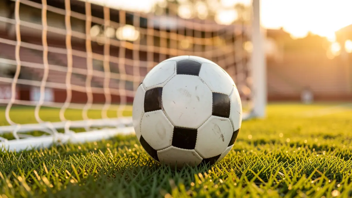 Generic image of a soccer ball on grass with the goal net blurred.