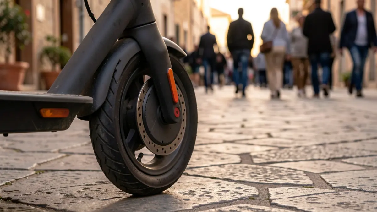 Generic image of an electric scooter wheel on a stone sidewalk at dusk.