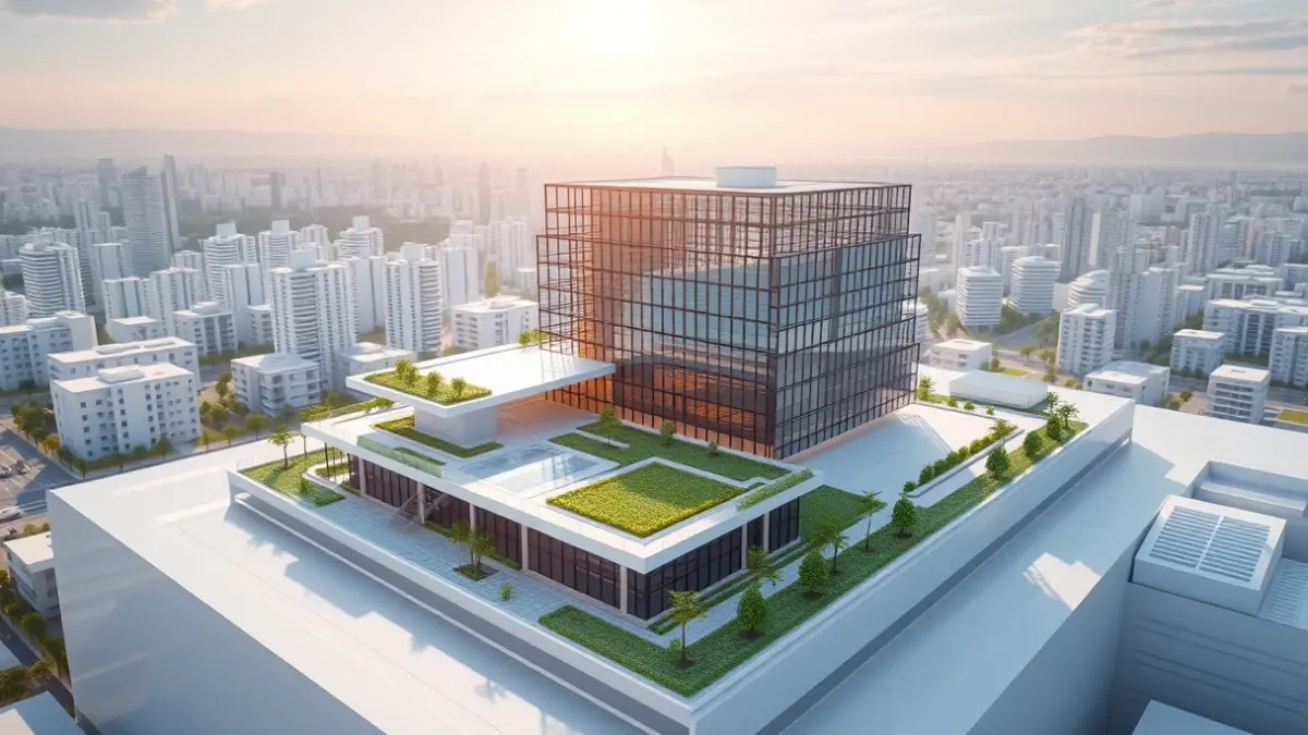 Imagen de un modelo arquitectónico digital con datos superpuestos, simbolizando la construcción inteligente y sostenible en Sevilla.
