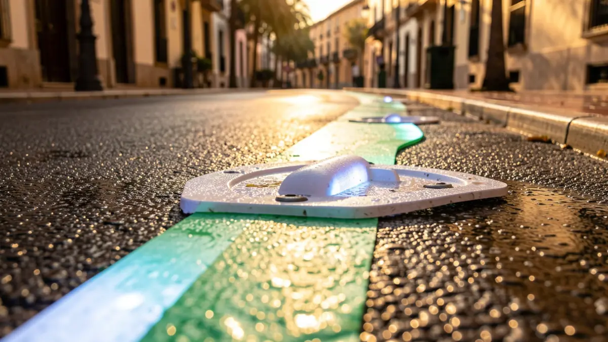 Separador fotoluminiscente para carril bici en Sevilla.