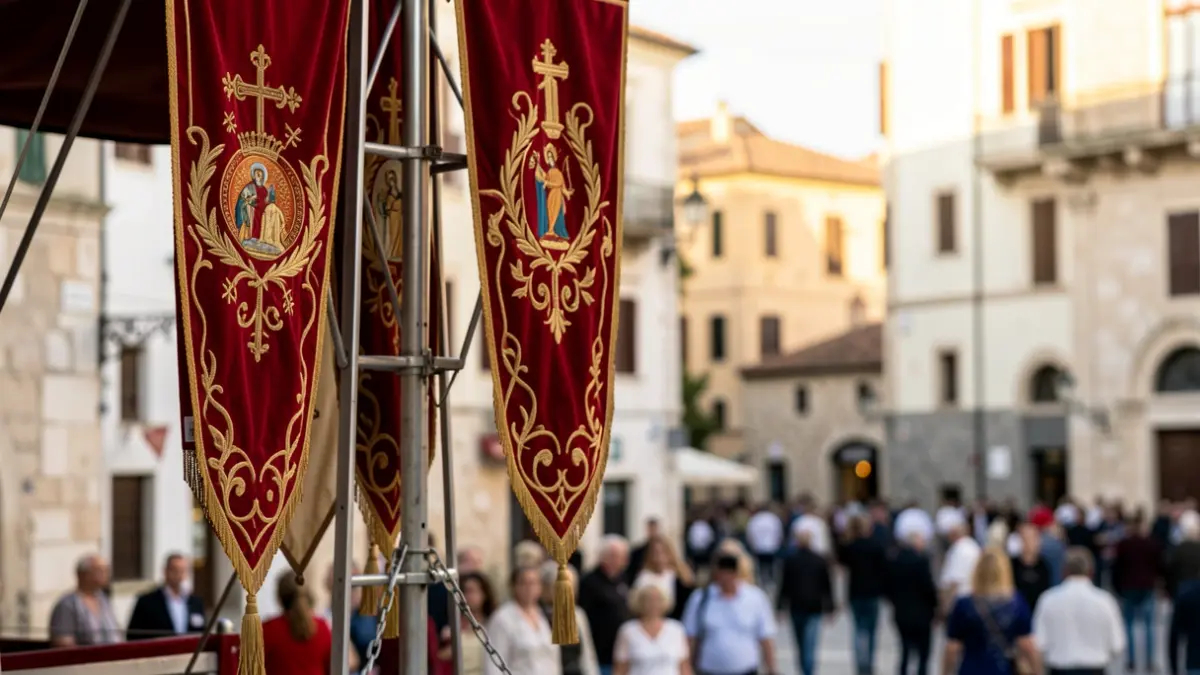 Detail of the new red banners with religious motifs for the Corpus Christi procession in Seville.