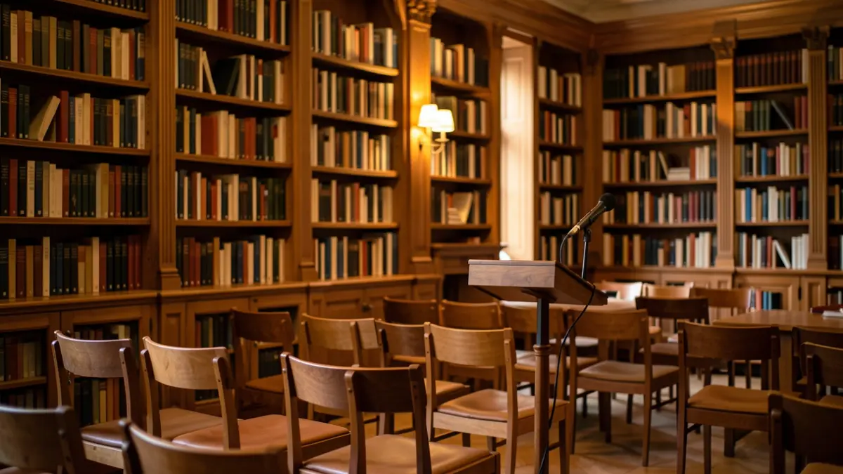 Cultural presentation setting with warm lighting and a cozy atmosphere.