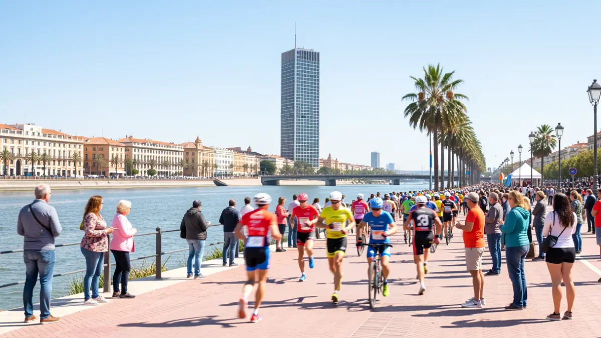 Imagen genérica de un triatlón en Sevilla con la Torre Sevilla al fondo.