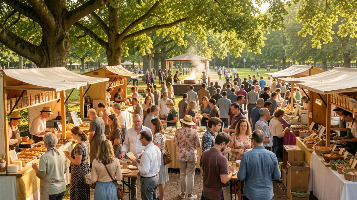Imagen genérica de una feria gastronómica al aire libre con puestos, gente y demostración de cocina.