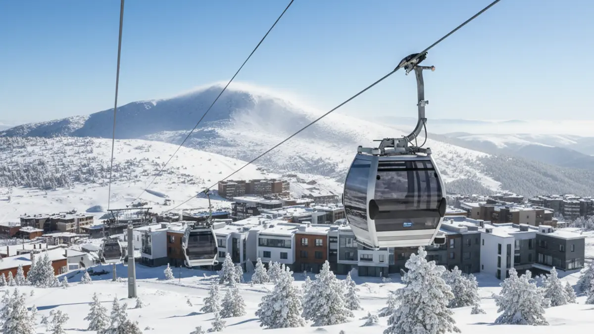 Modern gondola in Sierra Nevada with Pradollano buildings in background