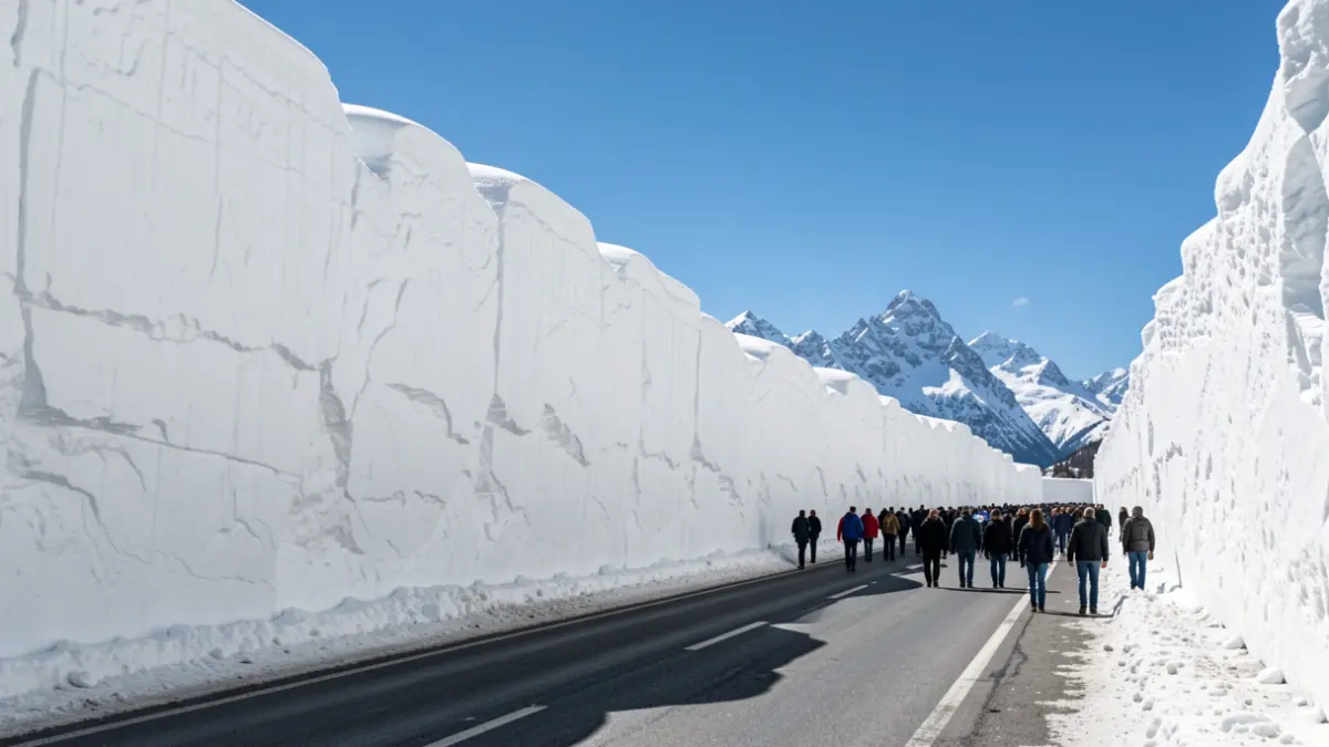 Paredes de nieve de gran altura en la carretera de acceso a Sierra Nevada tras las labores de limpieza.