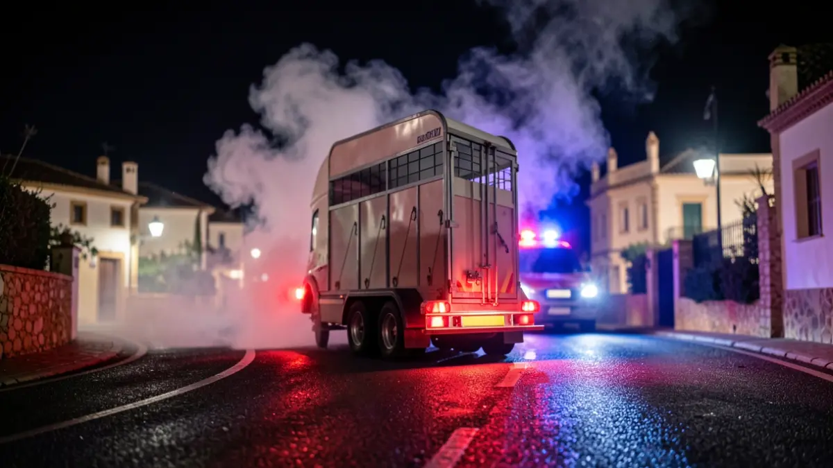 Horse trailer on fire on a road in Andalucía with emergency lights.