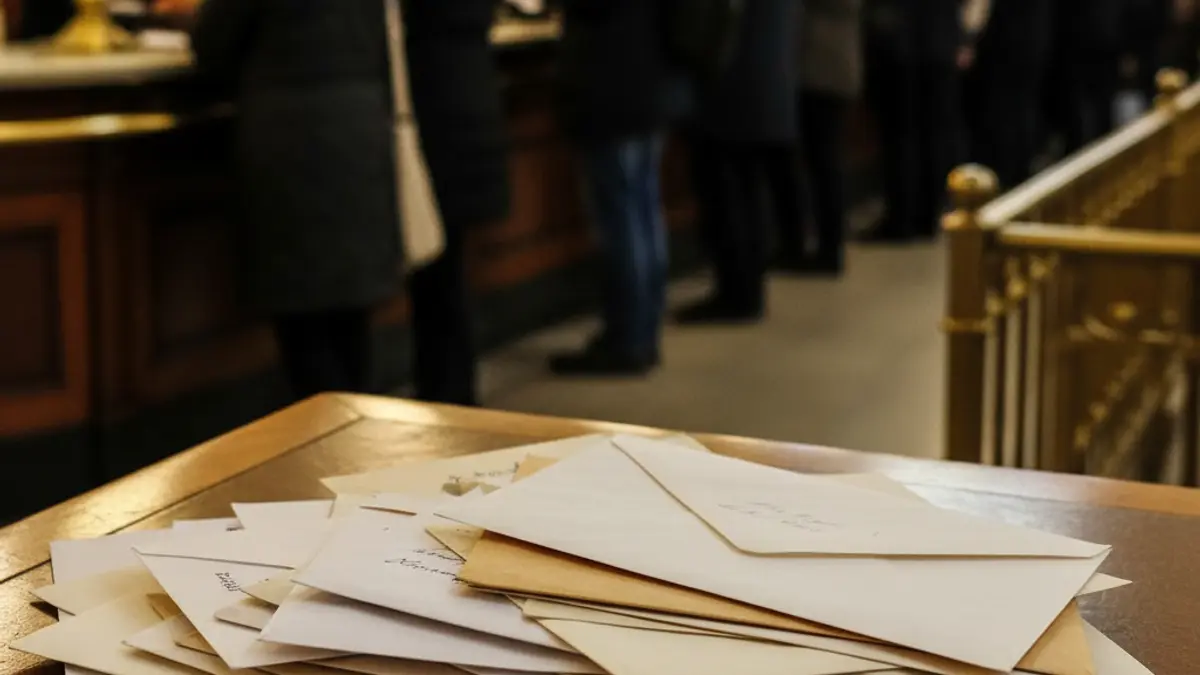 Imagen genérica de correspondencia y un mostrador de oficina de correos con personas esperando.