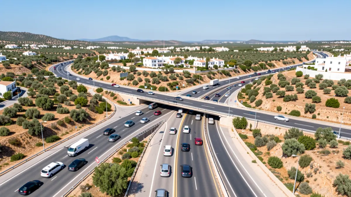 Vista aérea de un nudo de autopista con tráfico intenso en Andalucía.