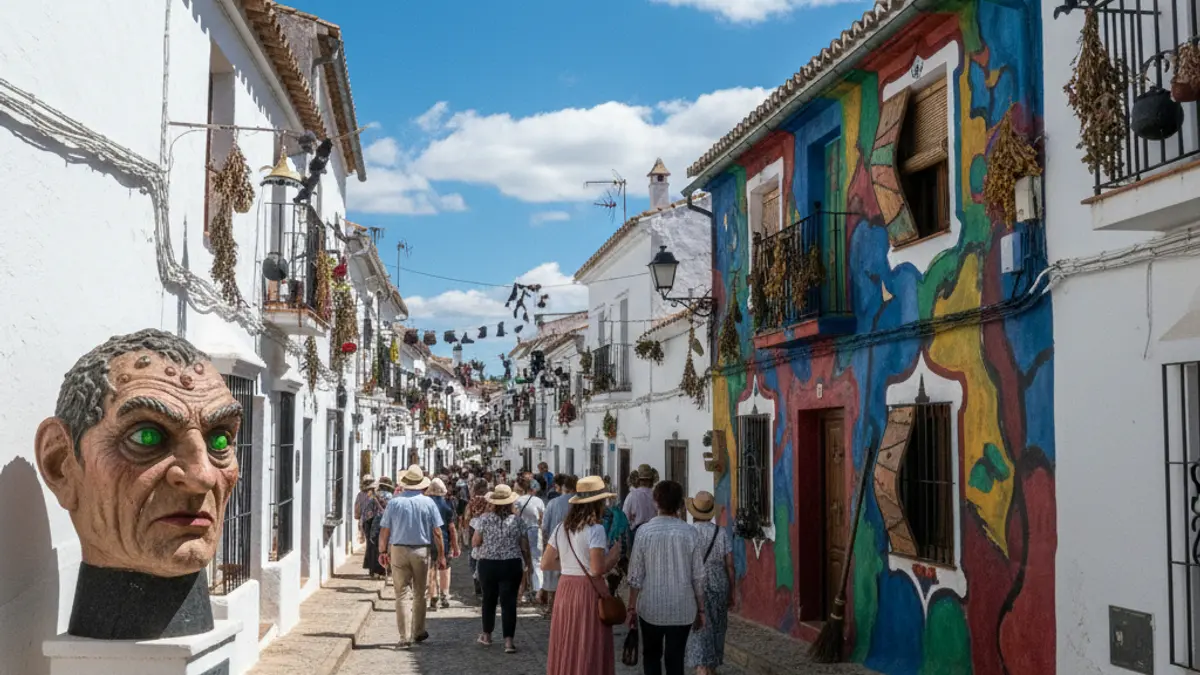 Image of a decorated street in an Andalusian village with a witch theme.