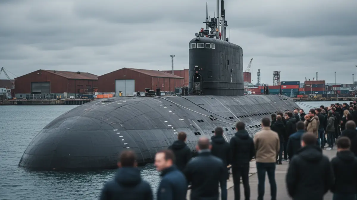 Image of a nuclear submarine docked at a port.