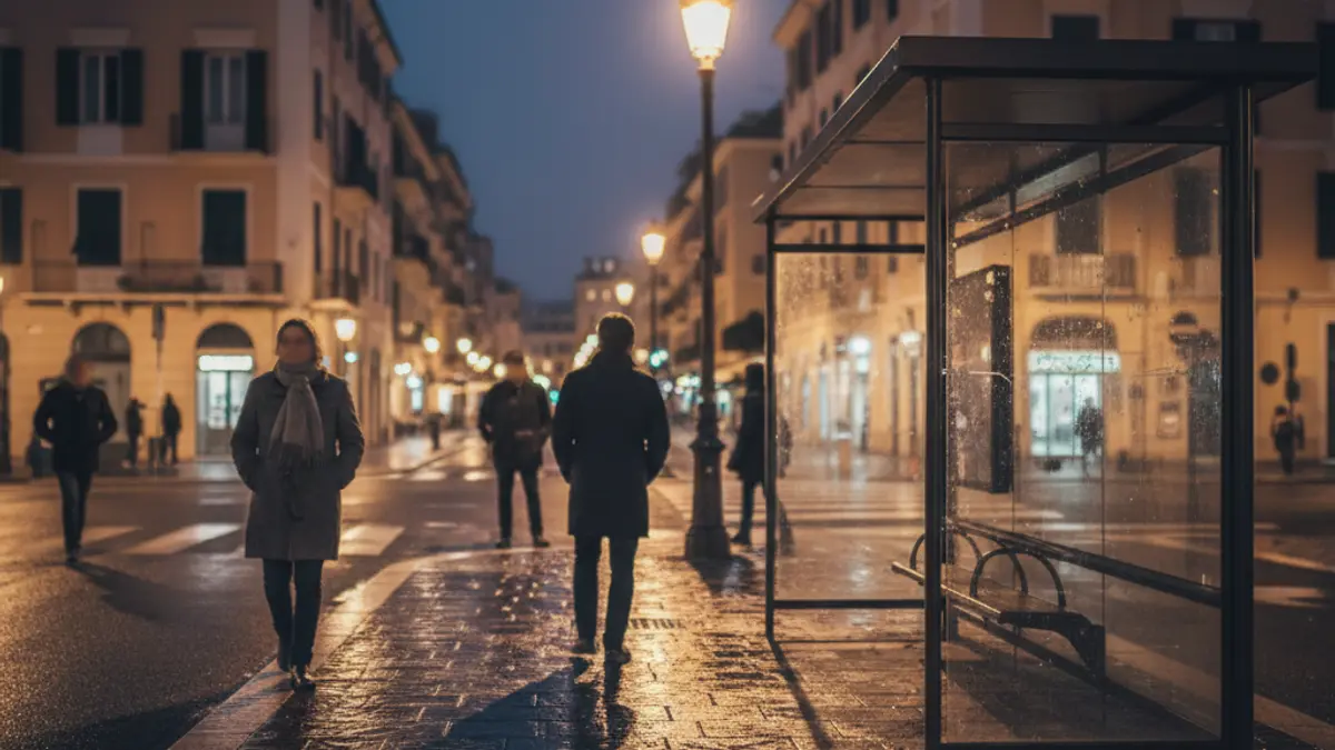 Imagen genérica de una parada de autobús vacía por la noche, con luces de la calle y edificios borrosos al fondo.