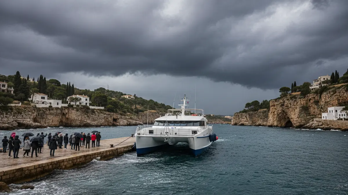 Imagen de un catamarán amarrado en un muelle bajo un cielo tormentoso en la Bahía de Cádiz.