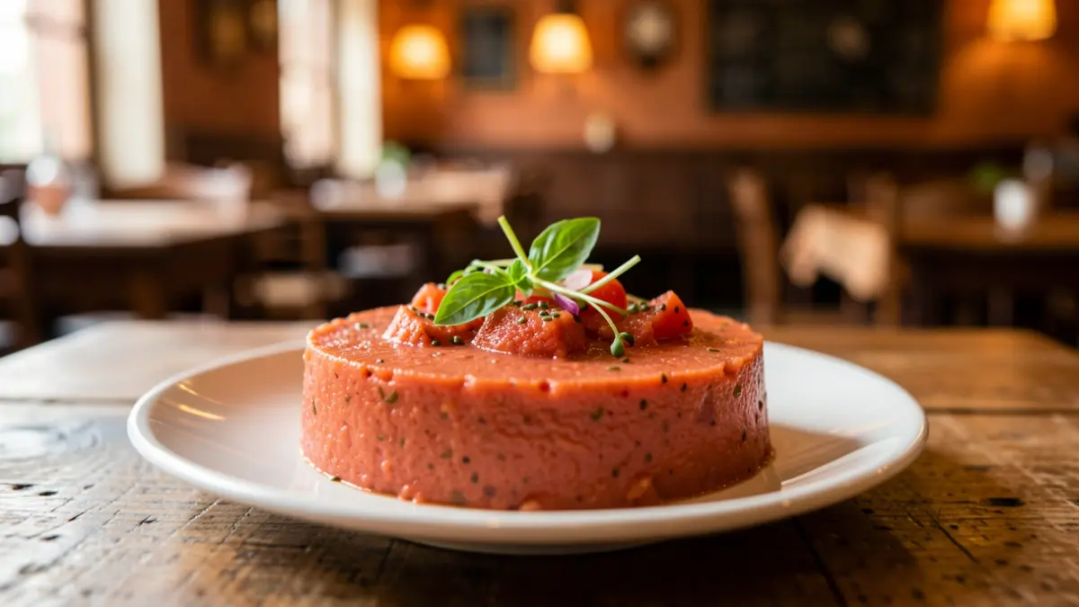 Dish of Cordoban salmorejo with garnish in a tavern.