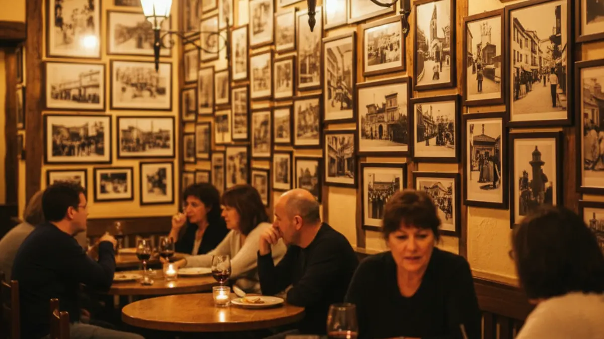 Interior de una taberna tradicional con fotografías antiguas en las paredes
