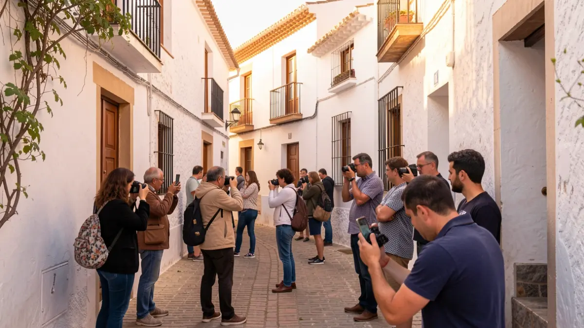 Imagen de un taller de fotografía en un pueblo andaluz con participantes capturando detalles arquitectónicos.