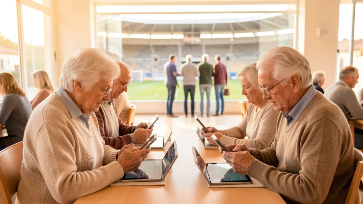 Personas mayores participando en un taller digital en Andalucía, con un estadio de fútbol al fondo.