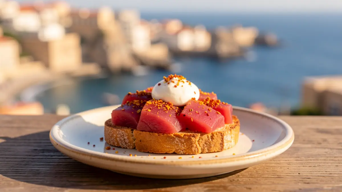 Tapa de atún rojo con especias marroquíes y yogur, inspirada en la Ruta del Atún Africano de Tarifa.