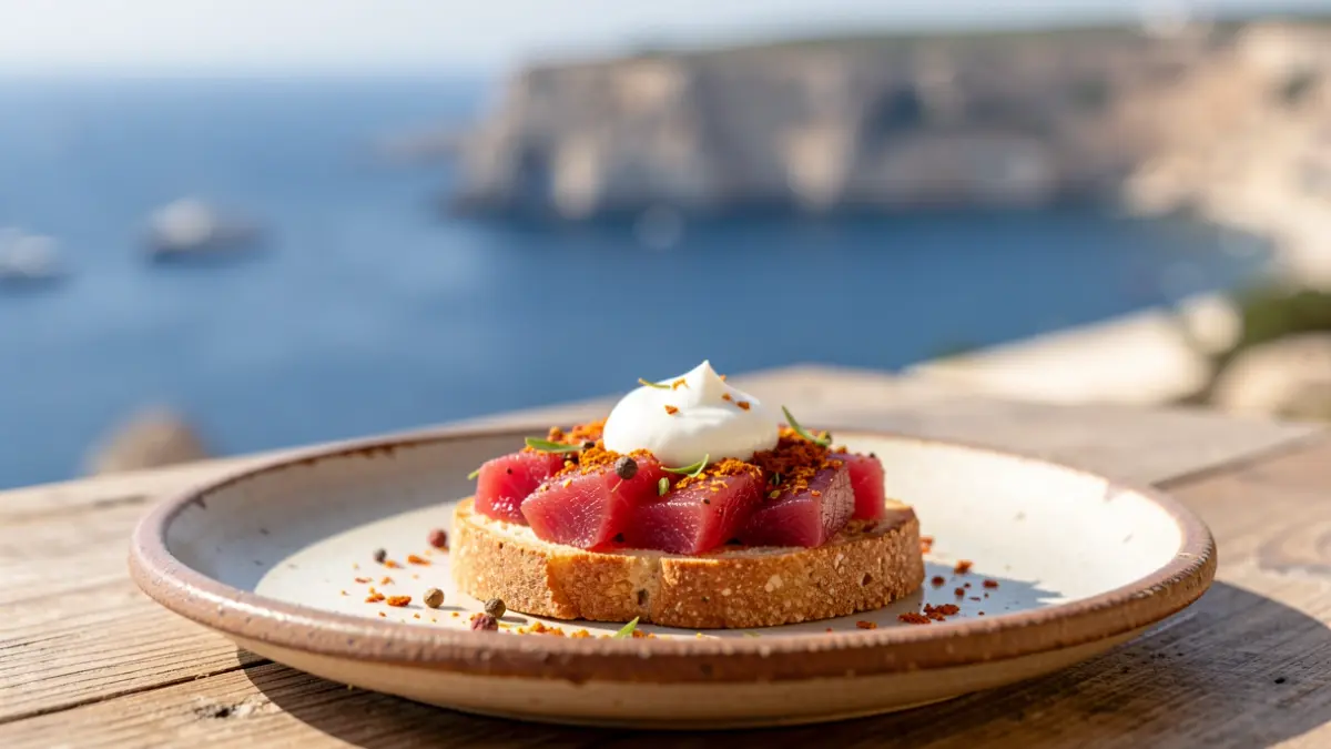 Plato de tapa de atún rojo con inspiración africana en Tarifa.