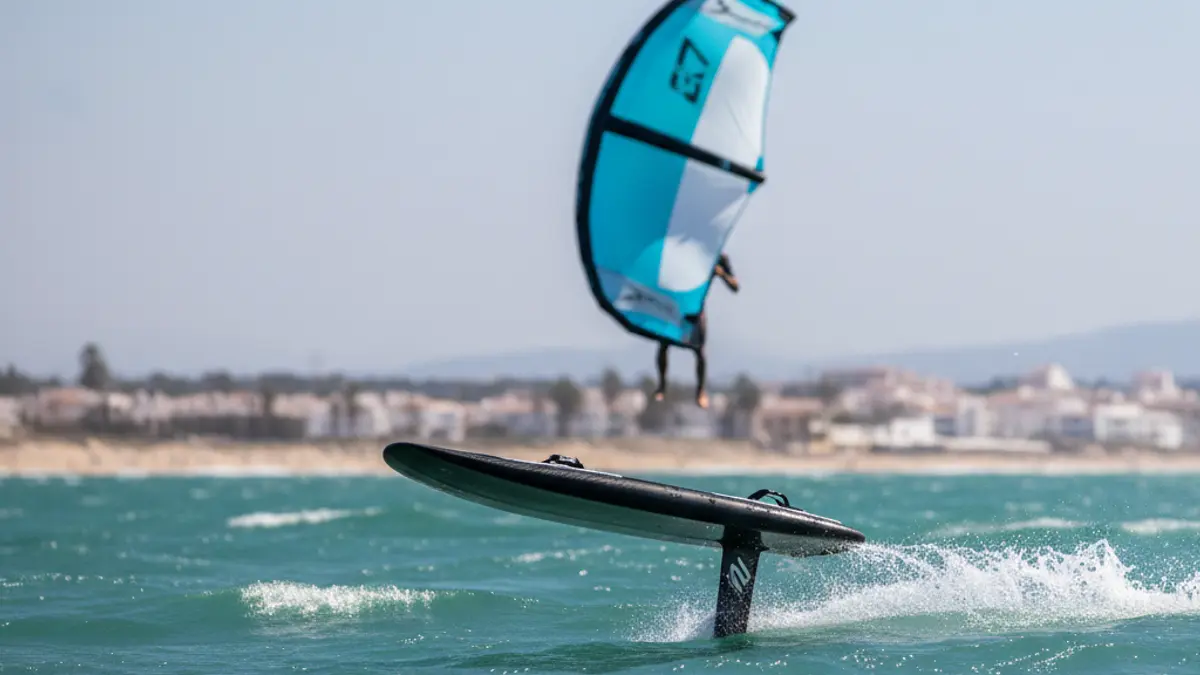 Image of a wingfoil board on the water with the Tarifa coastline in the background.