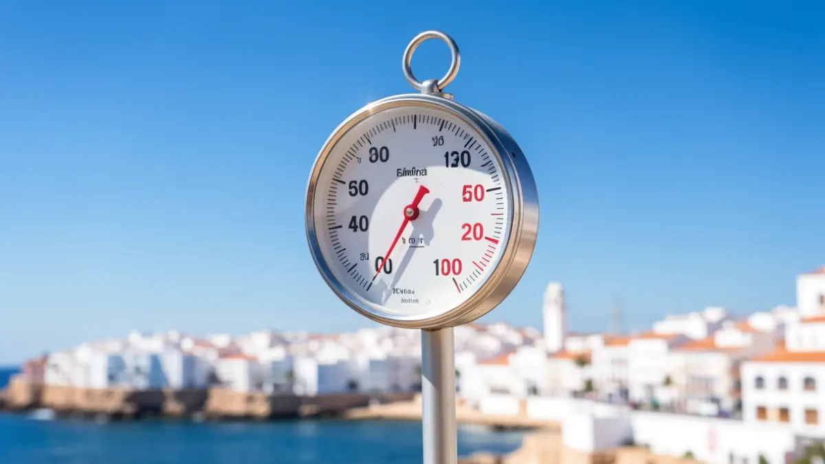 Termómetro mostrando alta temperatura con cielo azul sobre la costa andaluza.