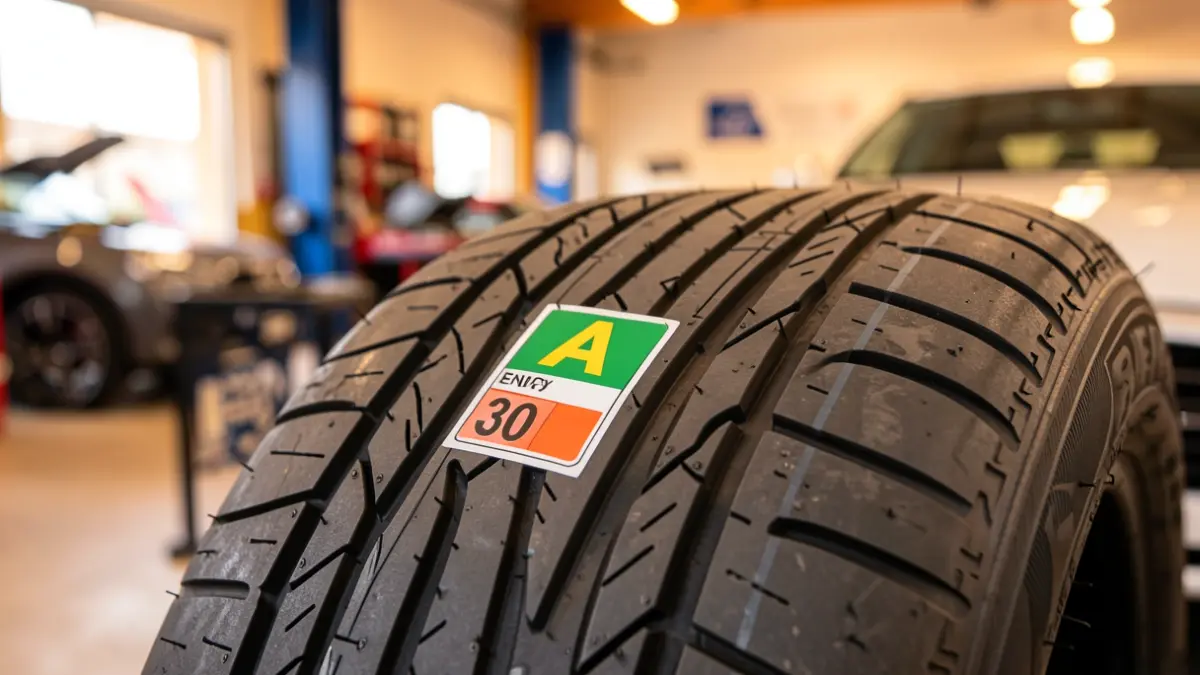 Image of a high-performance tire with an 'A' energy efficiency label.