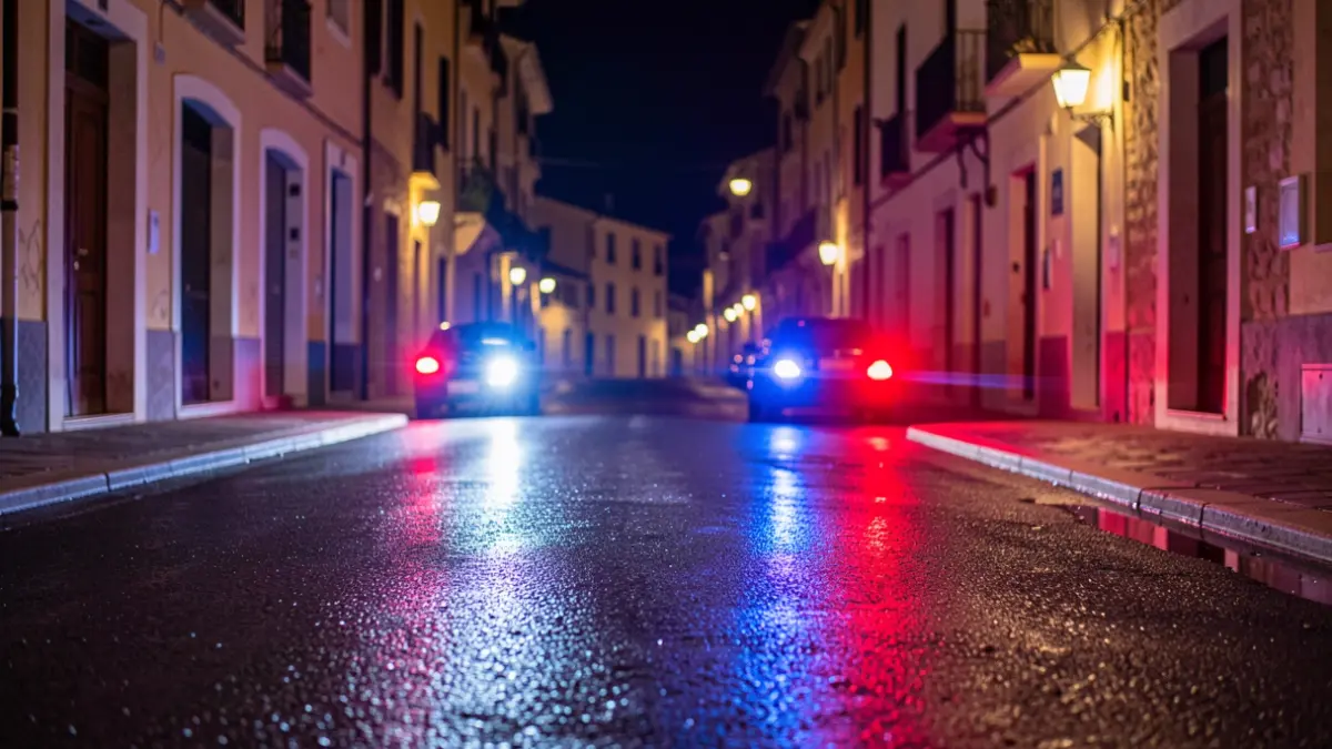 Generic image of police emergency lights reflecting on asphalt at night.