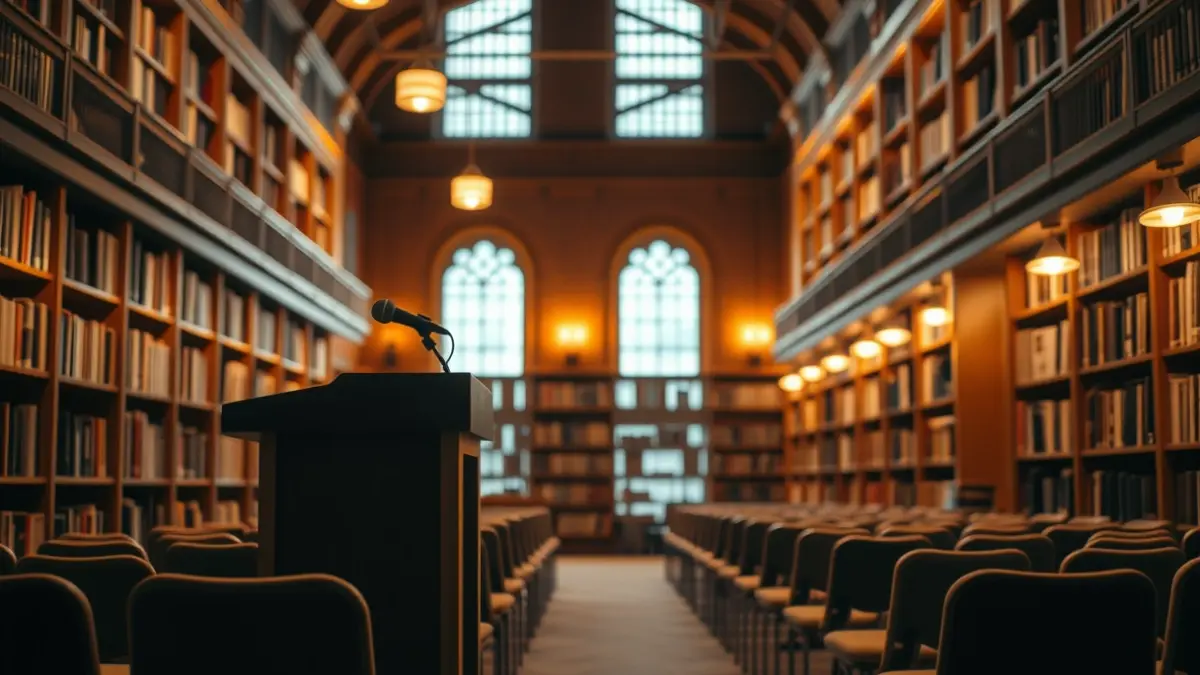 Imagen genérica de un interior de biblioteca con estanterías de madera y un podio con micrófono, iluminado con luz cálida.