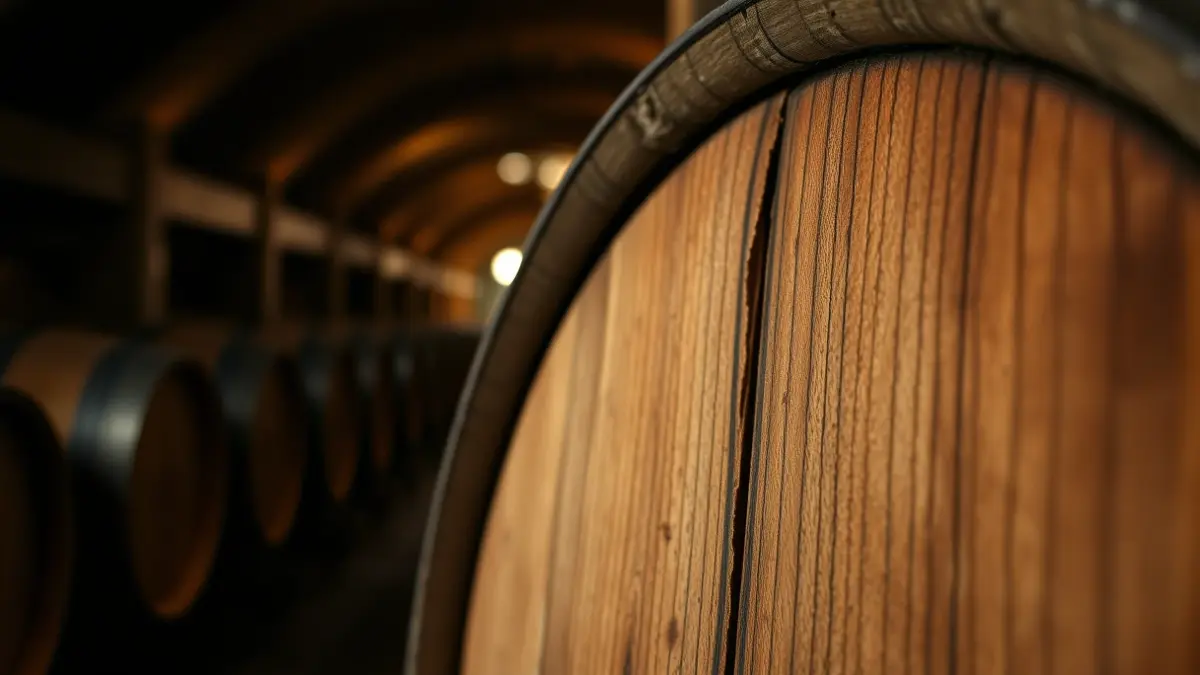 Imagen genérica de un barril de vino de madera en una bodega.