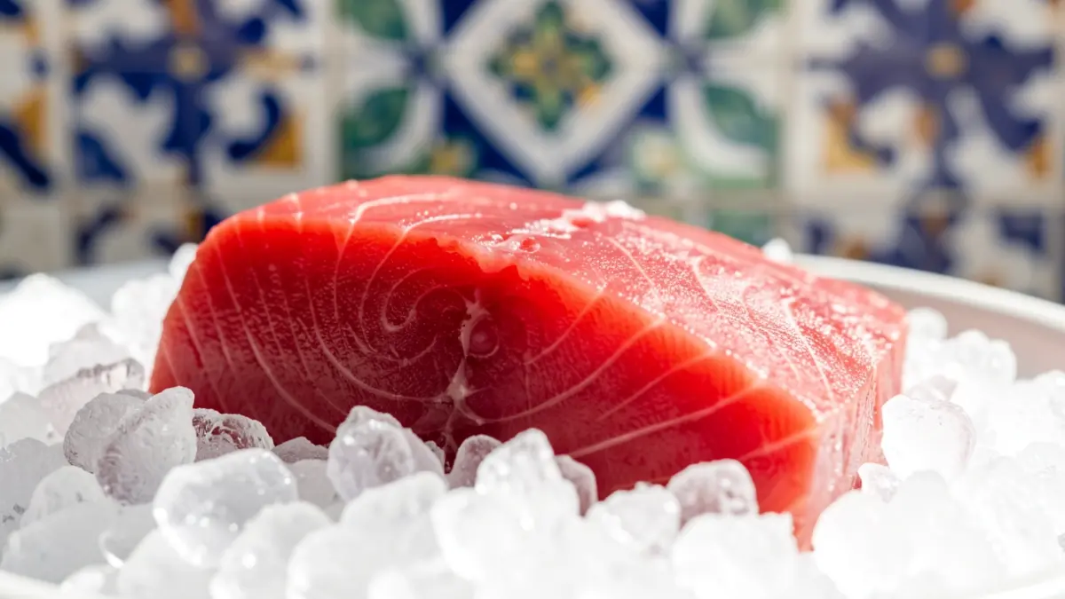 Primer plano de un corte de atún rojo fresco sobre hielo, con azulejos andaluces desenfocados al fondo.